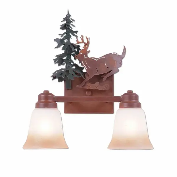 River Cabin style Bath Vanity Lights handmade in USA by Avalanche Ranch Lighting. This light features our exclusive metal wildlife art of a Deer. This Bath 2 Light is ideal for anyone looking to add rustic character or unique log home lighting to their home. Dimensions (inches): 16h x 13w and Takes 2 - Type A19 bulbs - 100W max. each Collection: Parkshire-Mountain Deer Finish: Cedar Green/Rust Patina Glass: Two-Toned Amber Cream Glass Width: 13.00" Height: 16.00" Extension from Wall: 5.00" Number of Bulbs: 2 Maximum Wattage: 60.00 W Bulb Type: A19 Bulb Base: Medium