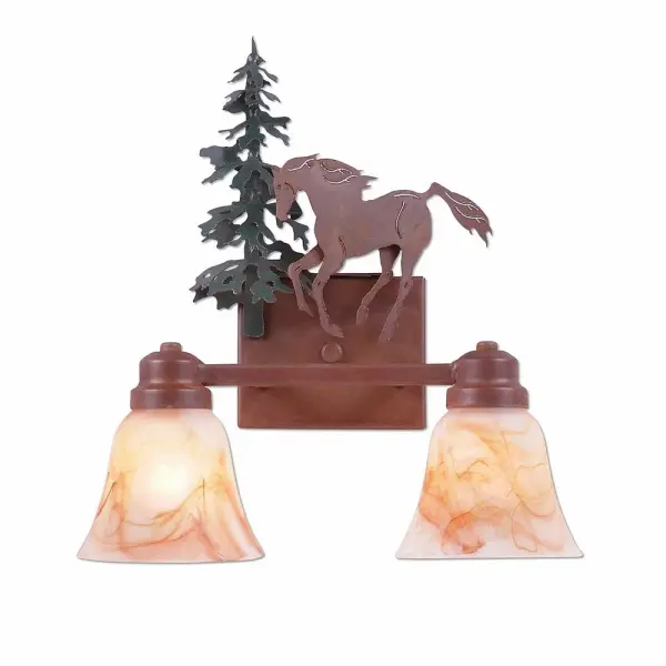 Equestrian style Bath Vanity Lights handmade in USA by Avalanche Ranch Lighting. This light features our exclusive metal wildlife art of a Horse. This Bath 2 Light is ideal for anyone looking to add rustic character or unique log home lighting to their home. Dimensions (inches): 16h x 13w and Takes 2 - Type A19 bulbs - 100W max. each Collection: Parkshire-Mountain Horse Finish: Cedar Green/Rust Patina Glass: Amber Swirl Glass Width: 13.00" Height: 16.00" Extension from Wall: 5.00" Number of Bulbs: 2 Maximum Wattage: 60.00 W Bulb Type: A19 Bulb Base: Medium