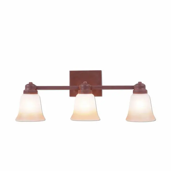 Ski Cabin style Bath Vanity Lights handmade in USA by Avalanche Ranch Lighting. This light features our exclusive metal wildlife art of a Rustic Plain. This Bath 3 Light is ideal for anyone looking to add rustic character or unique log home lighting to their home. Dimensions (inches): 8h x 22w and Takes 3 - Type A19 bulbs - 100W max. each Collection: Parkshire-Rustic Plain Finish: Rust Patina Glass: Two-Toned Amber Cream Glass Width: 22.00" Height: 8.00" Extension from Wall: 5.00" Number of Bulbs: 3 Maximum Wattage: 60.00 W Bulb Type: A19 Bulb Base: Medium