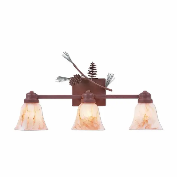 River Cabin style Bath Vanity Lights handmade in USA by Avalanche Ranch Lighting. This light features our exclusive metal wildlife art of a Pine Cone. This Bath 3 Light is ideal for anyone looking to add rustic character or unique log home lighting to their home. Dimensions (inches): 12h x 22w and Takes 3 - Type A19 bulbs - 100W max. each Collection: Parkshire-Pine Cone Finish: Pine Green/Rust Patina Glass: Amber Swirl Glass Width: 22.00" Height: 8.00" Extension from Wall: 5.00" Number of Bulbs: 3 Maximum Wattage: 60.00 W Bulb Type: A19 Bulb Base: Medium