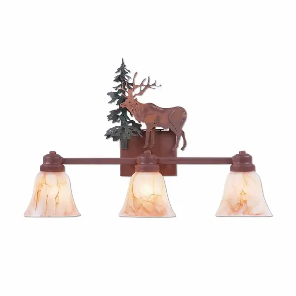 Rustic style Bath Vanity Lights handmade in USA by Avalanche Ranch Lighting. This light features our exclusive metal wildlife art of a Elk. This Bath 3 Light is ideal for anyone looking to add rustic character or unique log home lighting to their home. Dimensions (inches): 16h x 22w and Takes 3 - Type A19 bulbs - 100W max. each Collection: Parkshire-Valley Elk Finish: Cedar Green/Rust Patina Glass: Amber Swirl Glass Width: 22.00" Height: 16.00" Extension from Wall: 5.00" Number of Bulbs: 3 Maximum Wattage: 60.00 W Bulb Type: A19 Bulb Base: Medium