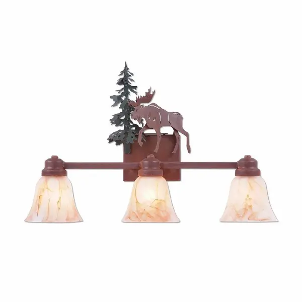 Farmhouse style Bath Vanity Lights handmade in USA by Avalanche Ranch Lighting. This light features our exclusive metal wildlife art of a Moose. This Bath 3 Light is ideal for anyone looking to add rustic character or unique log home lighting to their home. Dimensions (inches): 16h x 22w and Takes 3 - Type A19 bulbs - 100W max. each Collection: Parkshire-Mountain Moose Finish: Cedar Green/Rust Patina Glass: Amber Swirl Glass Width: 22.00" Height: 8.00" Extension from Wall: 5.00" Number of Bulbs: 3 Maximum Wattage: 60.00 W Bulb Type: A19 Bulb Base: Medium