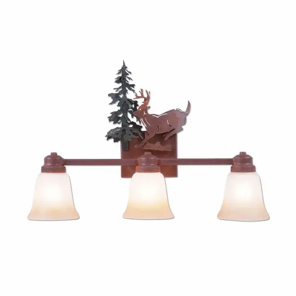 Cabin style Bath Vanity Lights handmade in USA by Avalanche Ranch Lighting. This light features our exclusive metal wildlife art of a Deer. This Bath 3 Light is ideal for anyone looking to add rustic character or unique log home lighting to their home. Dimensions (inches): 16h x 22w and Takes 3 - Type A19 bulbs - 100W max. each Collection: Parkshire-Mountain Deer Finish: Cedar Green/Rust Patina Glass: Two-Toned Amber Cream Glass Width: 22.00" Height: 16.00" Extension from Wall: 5.00" Number of Bulbs: 3 Maximum Wattage: 60.00 W Bulb Type: A19 Bulb Base: Medium
