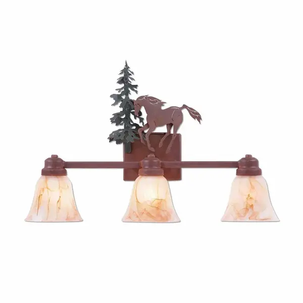 Western style Bath Vanity Lights handmade in USA by Avalanche Ranch Lighting. This light features our exclusive metal wildlife art of a Horse. This Bath 3 Light is ideal for anyone looking to add rustic character or unique log home lighting to their home. Dimensions (inches): 16h x 22w and Takes 3 - Type A19 bulbs - 100W max. each Collection: Parkshire-Mountain Horse Finish: Cedar Green/Rust Patina Glass: Amber Swirl Glass Width: 22.00" Height: 16.00" Extension from Wall: 5.00" Number of Bulbs: 3 Maximum Wattage: 60.00 W Bulb Type: A19 Bulb Base: Medium