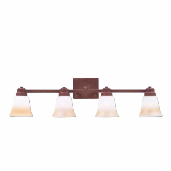 Farmhouse style Bath Vanity Lights handmade in USA by Avalanche Ranch Lighting. This light features our exclusive metal wildlife art of a Rustic Plain. This Bath 4 Light is ideal for anyone looking to add rustic character or unique log home lighting to their home. Dimensions (inches): 8h x 30w and Takes 4 - Type A19 bulbs - 100W max. each Collection: Parkshire-Rustic Plain Finish: Rust Patina Glass: Two-Toned Amber Cream Glass Width: 30.00" Height: 8.00" Extension from Wall: 5.00" Number of Bulbs: 4 Maximum Wattage: 60.00 W Bulb Type: A19 Bulb Base: Medium