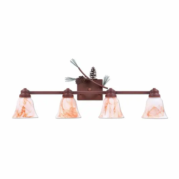 Cabin style Bath Vanity Lights handmade in USA by Avalanche Ranch Lighting. This light features our exclusive metal wildlife art of a Pine Cone. This Bath 4 Light is ideal for anyone looking to add rustic character or unique log home lighting to their home. Dimensions (inches): 12h x 30w and Takes 4 - Type A19 bulbs - 100W max. each Collection: Parkshire-Pine Cone Finish: Pine Green/Rust Patina Glass: Amber Swirl Glass Width: 30.00" Height: 8.00" Extension from Wall: 5.00" Number of Bulbs: 4 Maximum Wattage: 60.00 W Bulb Type: A19 Bulb Base: Medium