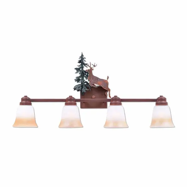 Log Cabin style Bath Vanity Lights handmade in USA by Avalanche Ranch Lighting. This light features our exclusive metal wildlife art of a Deer. This Bath 4 Light is ideal for anyone looking to add rustic character or unique log home lighting to their home. Dimensions (inches): 16h x 30w and Takes 4 - Type A19 bulbs - 100W max. each Collection: Parkshire-Valley Deer Finish: Cedar Green/Rust Patina Glass: Two-Toned Amber Cream Glass Width: 30.00" Height: 16.00" Extension from Wall: 5.00" Number of Bulbs: 4 Maximum Wattage: 60.00 W Bulb Type: A19 Bulb Base: Medium