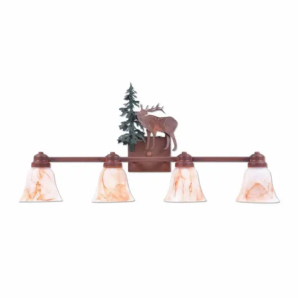 Rustic style Bath Vanity Lights handmade in USA by Avalanche Ranch Lighting. This light features our exclusive metal wildlife art of a Elk. This Bath 4 Light is ideal for anyone looking to add rustic character or unique log home lighting to their home. Dimensions (inches): 16h x 30w and Takes 4 - Type A19 bulbs - 100W max. each Collection: Parkshire-Mountain Elk Finish: Cedar Green/Rust Patina Glass: Amber Swirl Glass Width: 30.00" Height: 16.00" Extension from Wall: 5.00" Number of Bulbs: 4 Maximum Wattage: 60.00 W Bulb Type: A19 Bulb Base: Medium