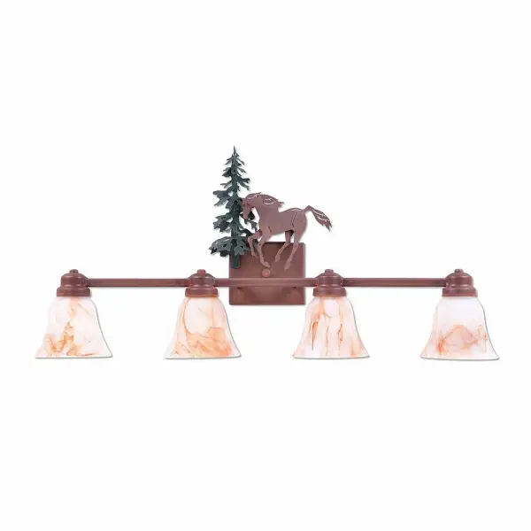 Equestrian style Bath Vanity Lights handmade in USA by Avalanche Ranch Lighting. This light features our exclusive metal wildlife art of a Horse. This Bath 4 Light is ideal for anyone looking to add rustic character or unique log home lighting to their home. Dimensions (inches): 16h x 30w and Takes 4 - Type A19 bulbs - 100W max. each Collection: Parkshire-Mountain Horse Finish: Cedar Green/Rust Patina Glass: Amber Swirl Glass Width: 30.00" Height: 16.00" Extension from Wall: 5.00" Number of Bulbs: 4 Maximum Wattage: 60.00 W Bulb Type: A19 Bulb Base: Medium