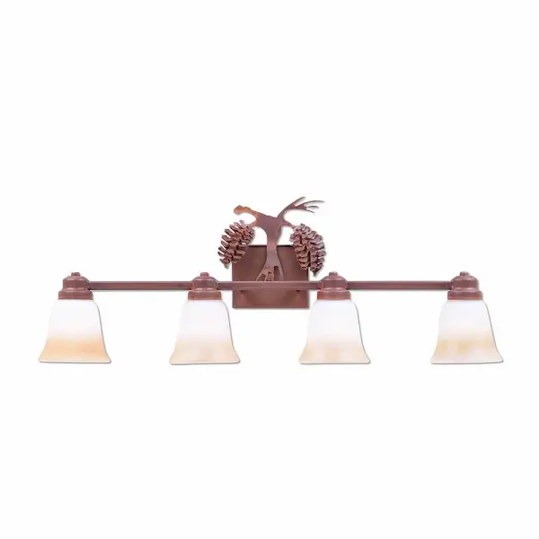 Rustic style Bath Vanity Lights handmade in USA by Avalanche Ranch Lighting. This light features our exclusive metal wildlife art of a Pine Cone. This Bath 4 Light is ideal for anyone looking to add rustic character or unique log home lighting to their home. Dimensions (inches): 12h x 30w and Takes 4 - Type A19 bulbs - 100W max. each Collection: Parkshire-Spruce Cone Finish: Rust Patina Glass: Two-Toned Amber Cream Glass Width: 30.00" Height: 12.00" Extension from Wall: 5.00" Number of Bulbs: 4 Maximum Wattage: 60.00 W Bulb Type: A19 Bulb Base: Medium