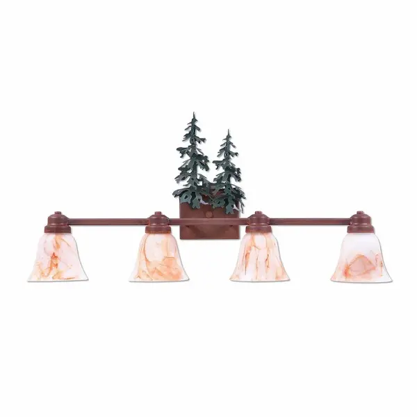 Country style Bath Vanity Lights handmade in USA by Avalanche Ranch Lighting. This light features our exclusive metal wildlife art of a Trees. This Bath 4 Light is ideal for anyone looking to add rustic character or unique log home lighting to their home. Dimensions (inches): 16h x 30w and Takes 4 - Type A19 bulbs - 100W max. each Collection: Parkshire-Hemlock Finish: Cedar Green/Rust Patina Glass: Amber Swirl Glass Width: 30.00" Height: 16.00" Extension from Wall: 5.00" Number of Bulbs: 4 Maximum Wattage: 60.00 W Bulb Type: A19 Bulb Base: Medium