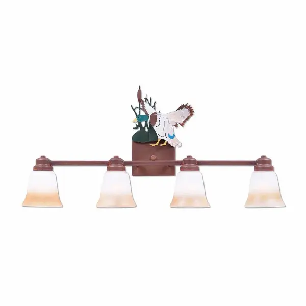 Log Cabin style Bath Vanity Lights handmade in USA by Avalanche Ranch Lighting. This light features our exclusive metal wildlife art of a Mallard. This Bath 4 Light is ideal for anyone looking to add rustic character or unique log home lighting to their home. Dimensions (inches): 14h x 30w and Takes 4 - Type A19 bulbs - 100W max. each Collection: Parkshire-Mallard Duck Finish: Waterfowl/Rust Patina Glass: Two-Toned Amber Cream Glass Width: 30.00" Height: 8.00" Extension from Wall: 5.00" Number of Bulbs: 4 Maximum Wattage: 60.00 W Bulb Type: A19 Bulb Base: Medium