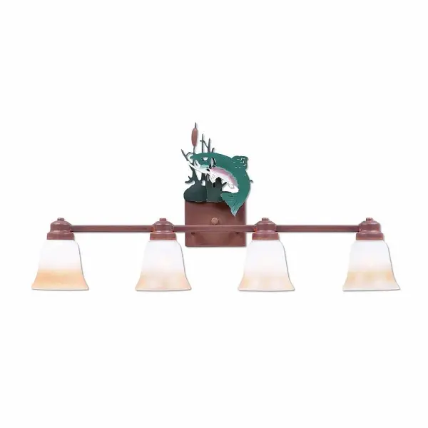 Mountain Cabin style Bath Vanity Lights handmade in USA by Avalanche Ranch Lighting. This light features our exclusive metal wildlife art of a Trout. This Bath 4 Light is ideal for anyone looking to add rustic character or unique log home lighting to their home. Dimensions (inches): 14h x 30w and Takes 4 - Type A19 bulbs - 100W max. each Collection: Parkshire-Trout Finish: Rust Patina Glass: Two-Toned Amber Cream Glass Width: 30.00" Height: 14.00" Extension from Wall: 5.00" Number of Bulbs: 4 Maximum Wattage: 60.00 W Bulb Type: A19 Bulb Base: Medium