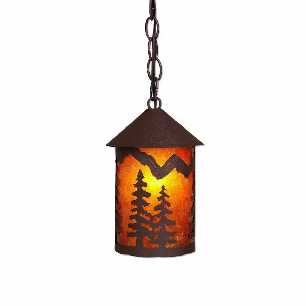 River Cabin style Hanging Pendant Lights handmade in USA by Avalanche Ranch Lighting. This light features our exclusive metal wildlife art of a Trees. This Pendant Light is ideal for anyone looking to add rustic character or unique log home lighting to their home. Dimensions (inches): 10h x 6w and Takes 1 - Type A19 bulb - 100W max. Collection: Cascade Lantern-Spruce Tree Finish: Rustic Brown Glass: Amber Mica Width: 6.00" Height: 10.00" Number of Bulbs: 1 Maximum Wattage: 100.00 W Bulb Type: Medium Bulb Base: Medium
