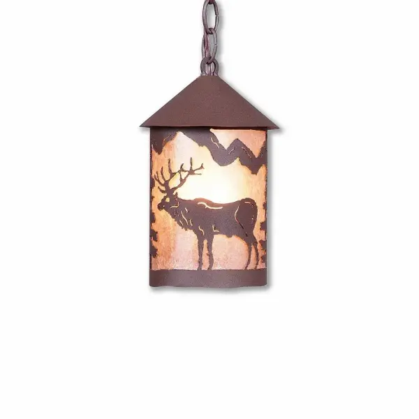 Rustic style Hanging Pendant Lights handmade in USA by Avalanche Ranch Lighting. This light features our exclusive metal wildlife art of a Elk. This Pendant Light is ideal for anyone looking to add rustic character or unique log home lighting to their home. Dimensions (inches): 10h x 6w and Takes 1 - Type A19 bulb - 100W max. Collection: Cascade Lantern-Valley Elk Finish: Rustic Brown Glass: Almond Mica Width: 6.00" Height: 10.00" Number of Bulbs: 1 Maximum Wattage: 100.00 W Bulb Type: Medium Bulb Base: Medium