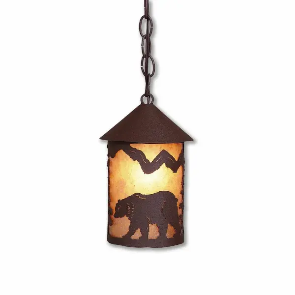 Country style Hanging Pendant Lights handmade in USA by Avalanche Ranch Lighting. This light features our exclusive metal wildlife art of a Bear. This Pendant Light is ideal for anyone looking to add rustic character or unique log home lighting to their home. Dimensions (inches): 10h x 6w and Takes 1 - Type A19 bulb - 100W max. Collection: Cascade Lantern-Mountain Bear Finish: Rustic Brown Glass: Almond Mica Width: 6.00" Height: 10.00" Number of Bulbs: 1 Maximum Wattage: 100.00 W Bulb Base: Medium