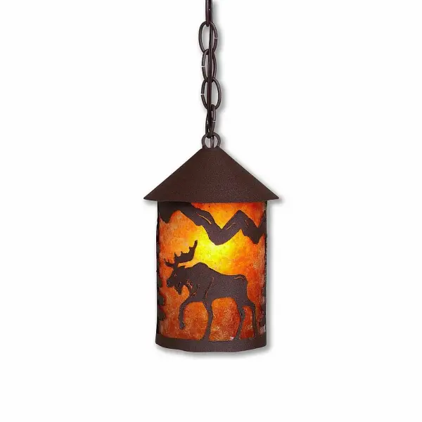 Farmhouse style Hanging Pendant Lights handmade in USA by Avalanche Ranch Lighting. This light features our exclusive metal wildlife art of a Moose. This Pendant Light is ideal for anyone looking to add rustic character or unique log home lighting to their home. Dimensions (inches): 10h x 6w and Takes 1 - Type A19 bulb - 100W max. Collection: Cascade Lantern-Mountain Moose Finish: Rustic Brown Glass: Amber Mica Width: 6.00" Height: 10.00" Number of Bulbs: 1 Maximum Wattage: 100.00 W Bulb Type: Medium Bulb Base: Medium