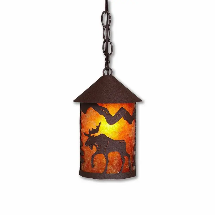Cascade Lantern Mountain Moose Pendant Light in Rustic Brown