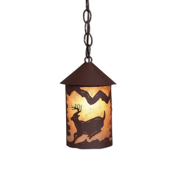 Cabin style Hanging Pendant Lights handmade in USA by Avalanche Ranch Lighting. This light features our exclusive metal wildlife art of a Deer. This Pendant Light is ideal for anyone looking to add rustic character or unique log home lighting to their home. Dimensions (inches): 10h x 6w and Takes 1 - Type A19 bulb - 100W max. Collection: Cascade Lantern-Mountain Deer Finish: Rustic Brown Glass: Almond Mica Width: 6.00" Height: 10.00" Number of Bulbs: 1 Maximum Wattage: 100.00 W Bulb Type: Medium Bulb Base: Medium