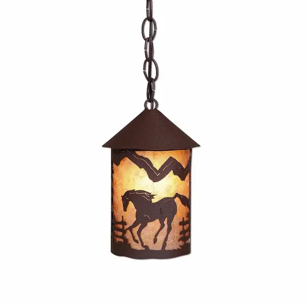 Western style Hanging Pendant Lights handmade in USA by Avalanche Ranch Lighting. This light features our exclusive metal wildlife art of a Horse. This Pendant Light is ideal for anyone looking to add rustic character or unique log home lighting to their home. Dimensions (inches): 10h x 6w and Takes 1 - Type A19 bulb - 100W max. Collection: Cascade Lantern-Mountain Horse Finish: Rustic Brown Glass: Almond Mica Width: 6.00" Height: 10.00" Number of Bulbs: 1 Maximum Wattage: 100.00 W Bulb Type: Medium Bulb Base: Medium