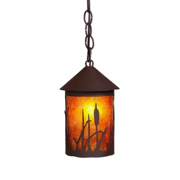 Lake Cabin style Hanging Pendant Lights handmade in USA by Avalanche Ranch Lighting. This light features our exclusive metal wildlife art of a Cattails. This Pendant Light is ideal for anyone looking to add rustic character or unique log home lighting to their home. Dimensions (inches): 10h x 6w and Takes 1 - Type A19 bulb - 100W max. Collection: Cascade Lantern-Cattails Finish: Rustic Brown Glass: Amber Mica Width: 6.00" Height: 10.00" Number of Bulbs: 1 Maximum Wattage: 100.00 W Bulb Type: Medium Bulb Base: Medium