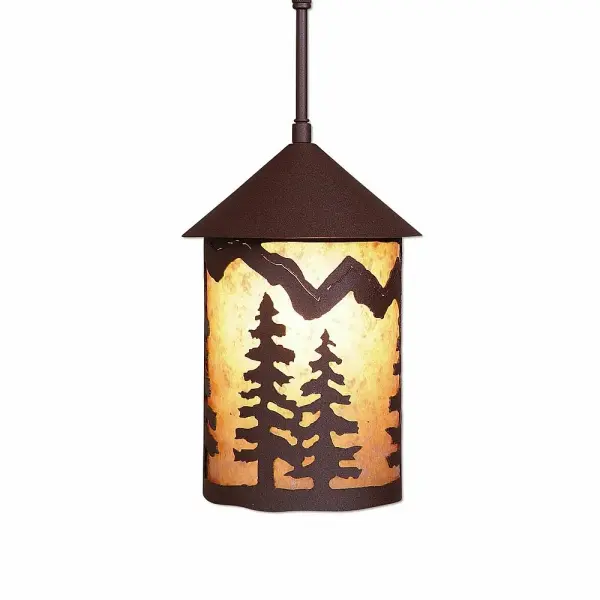 Lodge style Hanging Pendant Lights handmade in USA by Avalanche Ranch Lighting. This light features our exclusive metal wildlife art of a Trees. This Pendant Light is ideal for anyone looking to add rustic character or unique log home lighting to their home. Dimensions (inches): 12h x 8w and Takes 1 - Type A21 bulb - 150W max. Collection: Cascade Lantern-Spruce Tree Finish: Rustic Brown Glass: Almond Mica Width: 8.00" Height: 13.00" Number of Bulbs: 1 Maximum Wattage: 150.00 W Bulb Type: Medium Bulb Base: Medium