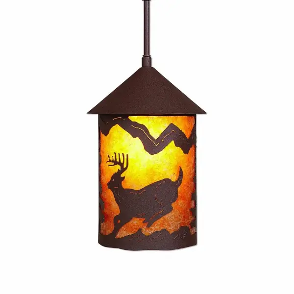 Mountain Cabin style Hanging Pendant Lights handmade in USA by Avalanche Ranch Lighting. This light features our exclusive metal wildlife art of a Deer. This Pendant Light is ideal for anyone looking to add rustic character or unique log home lighting to their home. Dimensions (inches): 12h x 8w and Takes 1 - Type A21 bulb - 150W max. Collection: Cascade Lantern-Mountain Deer Finish: Rustic Brown Glass: Amber Mica Width: 8.00" Height: 13.00" Number of Bulbs: 1 Maximum Wattage: 150.00 W Bulb Type: Medium Bulb Base: Medium