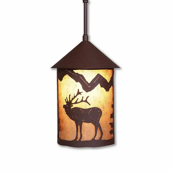 Ski Cabin style Hanging Pendant Lights handmade in USA by Avalanche Ranch Lighting. This light features our exclusive metal wildlife art of a Elk. This Pendant Light is ideal for anyone looking to add rustic character or unique log home lighting to their home. Dimensions (inches): 12h x 8w and Takes 1 - Type A21 bulb - 150W max. Collection: Cascade Lantern-Mountain Elk Finish: Rustic Brown Glass: Almond Mica Width: 8.00" Height: 13.00" Number of Bulbs: 1 Maximum Wattage: 150.00 W Bulb Type: Medium Bulb Base: Medium