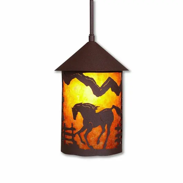 Equestrian style Hanging Pendant Lights handmade in USA by Avalanche Ranch Lighting. This light features our exclusive metal wildlife art of a Horse. This Pendant Light is ideal for anyone looking to add rustic character or unique log home lighting to their home. Dimensions (inches): 12h x 8w and Takes 1 - Type A21 bulb - 150W max. Collection: Cascade Lantern-Mountain Horse Finish: Rustic Brown Glass: Amber Mica Width: 8.00" Height: 13.00" Number of Bulbs: 1 Maximum Wattage: 150.00 W Bulb Type: Medium Bulb Base: Medium