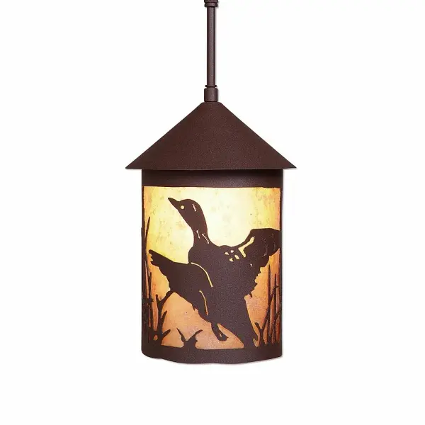 Lodge style Hanging Pendant Lights handmade in USA by Avalanche Ranch Lighting. This light features our exclusive metal wildlife art of a Loon. This Pendant Light is ideal for anyone looking to add rustic character or unique log home lighting to their home. Dimensions (inches): 12h x 8w and Takes 1 - Type A21 bulb - 150W max. Collection: Cascade Lantern-Loon Finish: Rustic Brown Glass: Almond Mica Width: 8.00" Height: 13.00" Number of Bulbs: 1 Maximum Wattage: 150.00 W Bulb Type: Medium Bulb Base: Medium