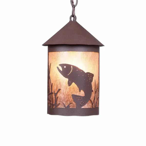 Country style Hanging Pendant Lights handmade in USA by Avalanche Ranch Lighting. This light features our exclusive metal wildlife art of a Trout. This Pendant Light is ideal for anyone looking to add rustic character or unique log home lighting to their home. Dimensions (inches): 12h x 8w and Takes 1 - Type A21 bulb - 150W max. Collection: Cascade Lantern-Trout Finish: Rustic Brown Glass: Almond Mica Width: 8.00" Height: 13.00" Number of Bulbs: 1 Maximum Wattage: 150.00 W Bulb Type: Medium Bulb Base: Medium