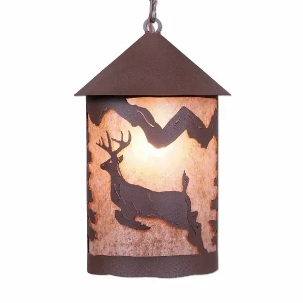 Log Cabin style Hanging Pendant Lights handmade in USA by Avalanche Ranch Lighting. This light features our exclusive metal wildlife art of a Deer. This Pendant Light is ideal for anyone looking to add rustic character or unique log home lighting to their home. Dimensions (inches): 15h x 10w and Takes 1 - Type A21 bulb - 150W max. Collection: Cascade Lantern-Valley Deer Finish: Rustic Brown Glass: Almond Mica Width: 10.00" Height: 16.00" Number of Bulbs: 1 Maximum Wattage: 150.00 W Bulb Type: Medium Bulb Base: Medium
