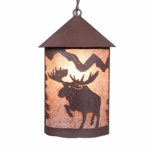 Mountain Cabin style Hanging Pendant Lights handmade in USA by Avalanche Ranch Lighting. This light features our exclusive metal wildlife art of a Moose. This Pendant Light is ideal for anyone looking to add rustic character or unique log home lighting to their home. Dimensions (inches): 15h x 10w and Takes 1 - Type A21 bulb - 150W max. Collection: Cascade Lantern-Alaska Moose Finish: Rustic Brown Glass: Almond Mica Width: 10.00" Height: 16.00" Number of Bulbs: 1 Maximum Wattage: 150.00 W Bulb Type: Medium Bulb Base: Medium