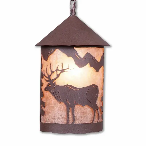 Ski Cabin style Hanging Pendant Lights handmade in USA by Avalanche Ranch Lighting. This light features our exclusive metal wildlife art of a Elk. This Pendant Light is ideal for anyone looking to add rustic character or unique log home lighting to their home. Dimensions (inches): 15h x 10w and Takes 1 - Type A21 bulb - 150W max. Collection: Cascade Lantern-Valley Elk Finish: Rustic Brown Glass: Almond Mica Width: 10.00" Height: 16.00" Number of Bulbs: 1 Maximum Wattage: 150.00 W Bulb Type: Medium Bulb Base: Medium