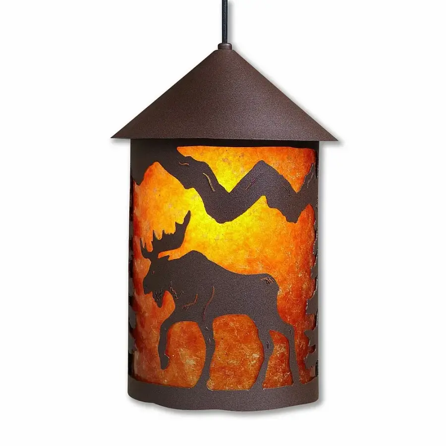 Cascade Lantern Mountain Moose Pendant Light in Rustic Brown