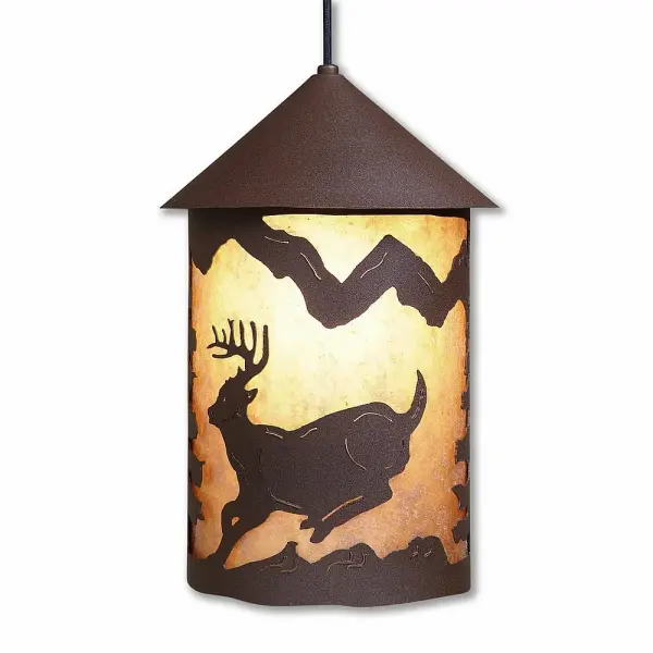 Lodge style Hanging Pendant Lights handmade in USA by Avalanche Ranch Lighting. This light features our exclusive metal wildlife art of a Deer. This Pendant Light is ideal for anyone looking to add rustic character or unique log home lighting to their home. Dimensions (inches): 15h x 10w and Takes 1 - Type A21 bulb - 150W max. Collection: Cascade Lantern-Mountain Deer Finish: Rustic Brown Glass: Almond Mica Width: 10.00" Height: 16.00" Number of Bulbs: 1 Maximum Wattage: 150.00 W Bulb Base: Medium