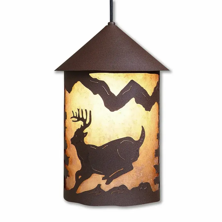 Cascade Lantern Mountain Deer Pendant Light in Rustic Brown