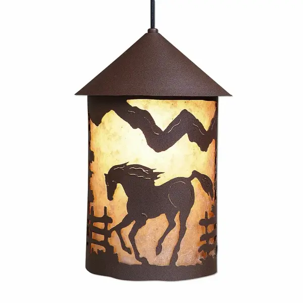 Western style Hanging Pendant Lights handmade in USA by Avalanche Ranch Lighting. This light features our exclusive metal wildlife art of a Horse. This Pendant Light is ideal for anyone looking to add rustic character or unique log home lighting to their home. Dimensions (inches): 15h x 10w and Takes 1 - Type A21 bulb - 150W max. Collection: Cascade Lantern-Mountain Horse Finish: Rustic Brown Glass: Almond Mica Width: 10.00" Height: 16.00" Number of Bulbs: 1 Maximum Wattage: 150.00 W Bulb Type: Medium Bulb Base: Medium