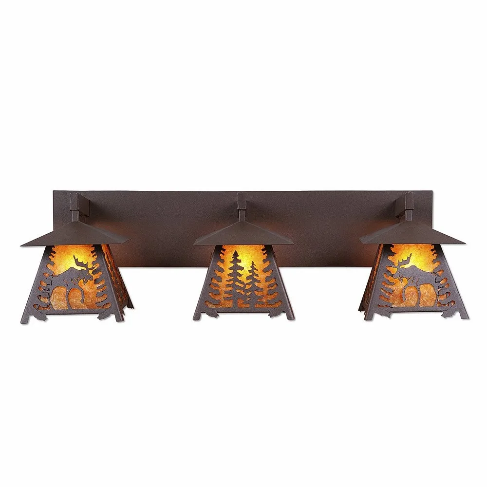 Smoky Mountain-Mountain Moose Three Light Bath Vanity Light in Rustic Brown