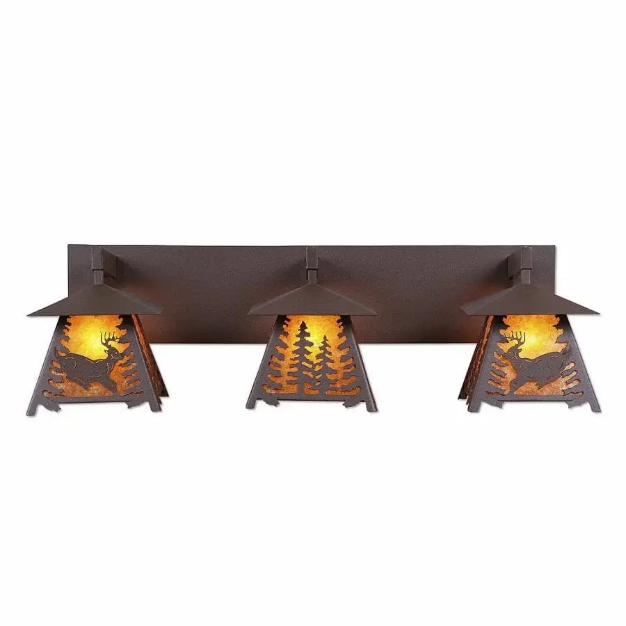 Smoky Mountain Deer Three Light Bath Vanity Light in Rustic Brown