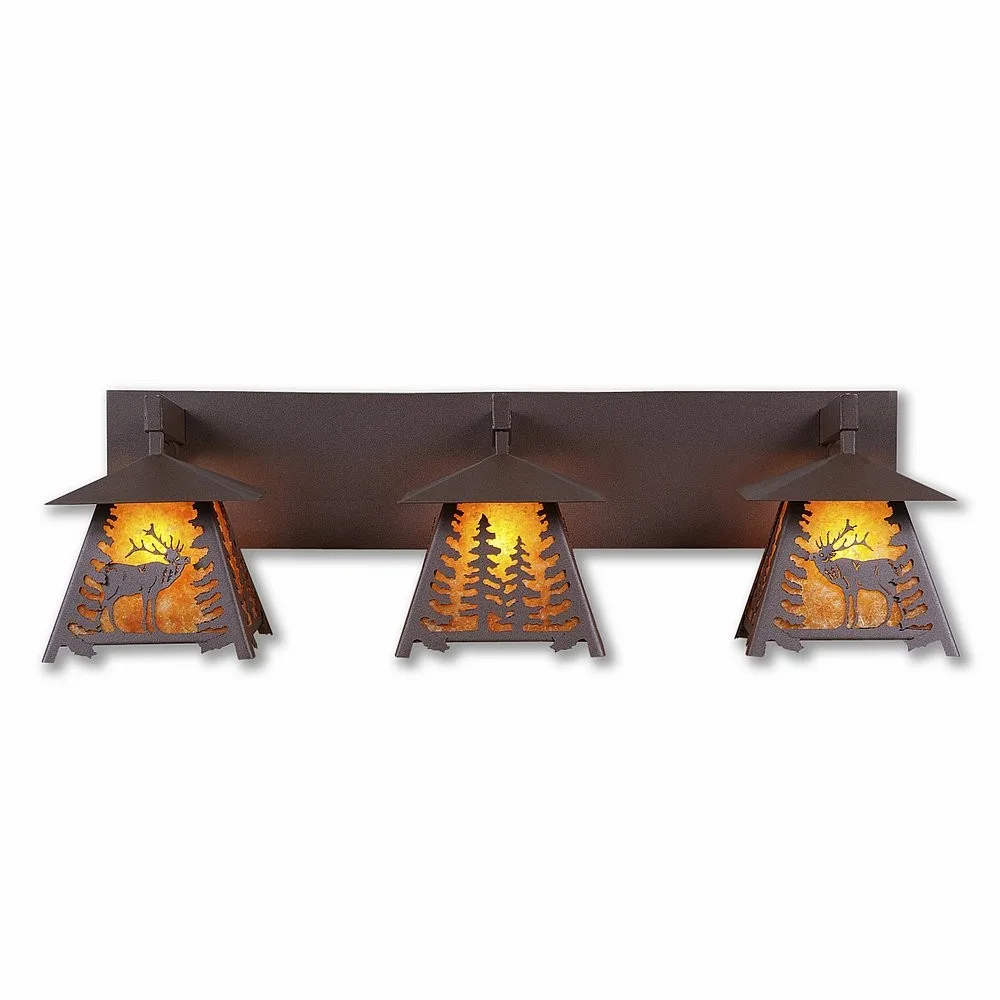 Smoky Mountain-Mountain Elk Three Light Bath Vanity Light in Rustic Brown