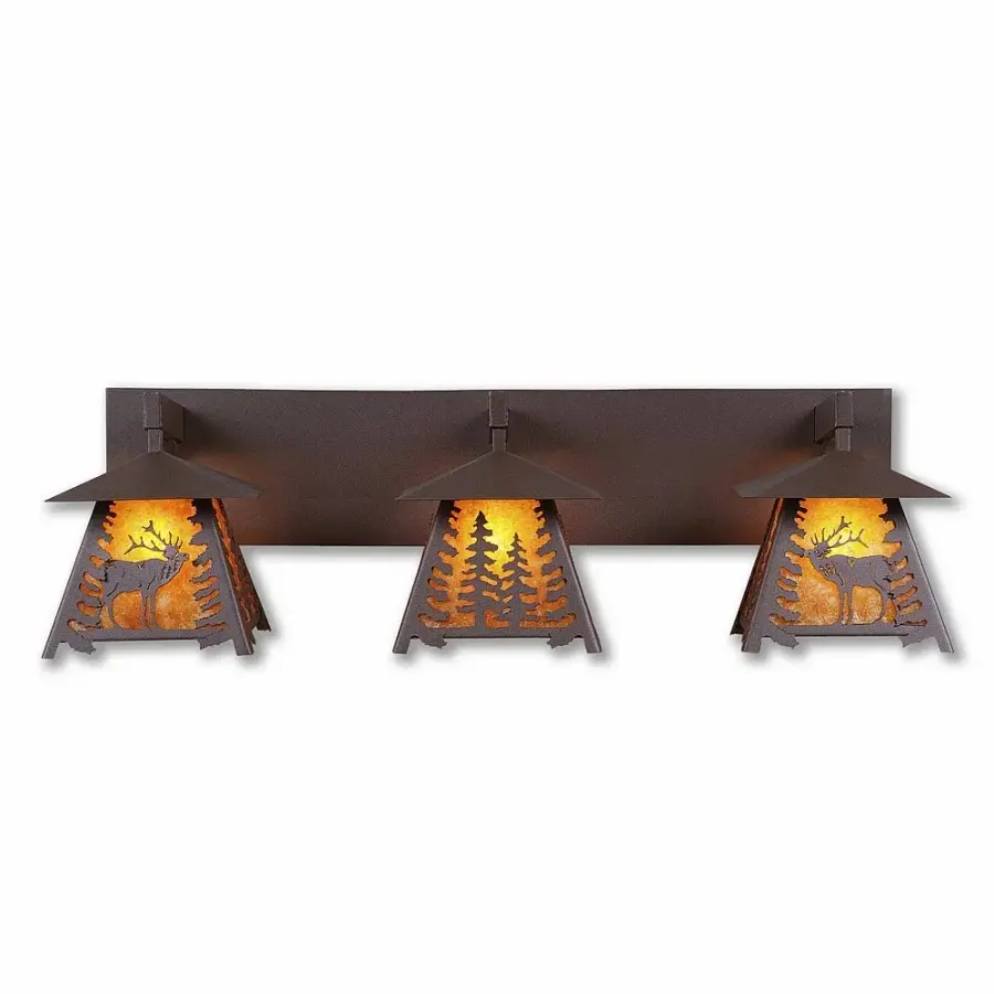 Smoky Mountain Elk Three Light Bath Vanity Light in Rustic Brown
