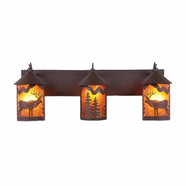Cascade-Valley Elk Three Light Bath Vanity Light in Rustic Brown