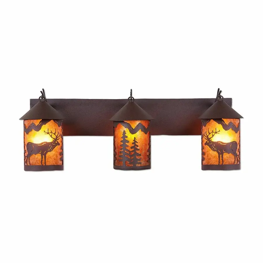 Cascade-Valley Elk Three Light Bath Vanity Light in Rustic Brown