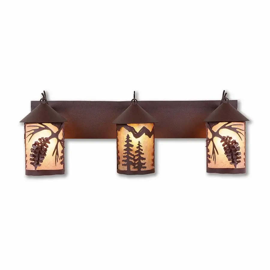 Cascade-Spruce Cone Three Light Bath Vanity Light in Rustic Brown