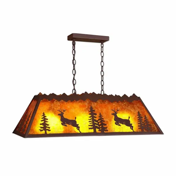 Ski Cabin style Island - Billiard Lights handmade in USA by Avalanche Ranch Lighting. This light features our exclusive metal wildlife art of a Deer. This Billiard Light is ideal for anyone looking to add rustic character or unique log home lighting to their home. Dimensions (inches): 10h x 15w and Takes 3 - Type A19 bulbs - 100W max. each Collection: Rocky Mtn-Valley Deer Finish: Rustic Brown Glass: Amber Mica Width: 15.00" Height: 10.00" Length: 36.00" Number of Bulbs: 3 Maximum Wattage: 100.00 W Bulb Type: A19 Bulb Base: Medium