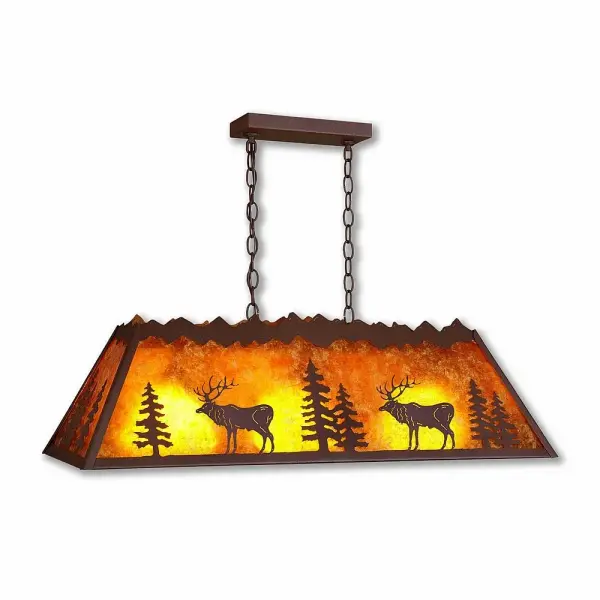 Lake Cabin style Island - Billiard Lights handmade in USA by Avalanche Ranch Lighting. This light features our exclusive metal wildlife art of a Elk. This Billiard Light is ideal for anyone looking to add rustic character or unique log home lighting to their home. Dimensions (inches): 10h x 15w and Takes 3 - Type A19 bulbs - 100W max. each Collection: Rocky Mtn-Valley Elk Finish: Rustic Brown Glass: Amber Mica Width: 15.00" Height: 10.00" Length: 36.00" Number of Bulbs: 3 Maximum Wattage: 100.00 W Bulb Type: A19 Bulb Base: Medium