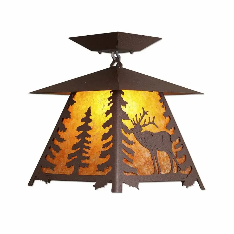 Smoky Mountain Elk Semi-Flush Mount in Rustic Brown