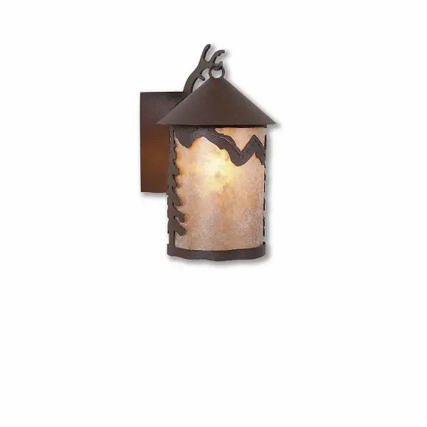 Ski Cabin style Exterior Wall LIghts handmade in USA by Avalanche Ranch Lighting. This light features our exclusive metal wildlife art of a Rustic Plain. This Outdoor Wall Light is ideal for anyone looking to add rustic character or unique log home lighting to their home. Dimensions (inches): 12h x 6w and Takes 1 - Type A19 bulb - 100W max. Collection: Cascade Lantern-Rustic Plain Finish: Rustic Brown Glass: Almond Mica Width: 6.00" Height: 11.00" Extension from Wall: 8.00" Number of Bulbs: 1 Maximum Wattage: 100.00 W Bulb Type: A19 Bulb Base: Medium