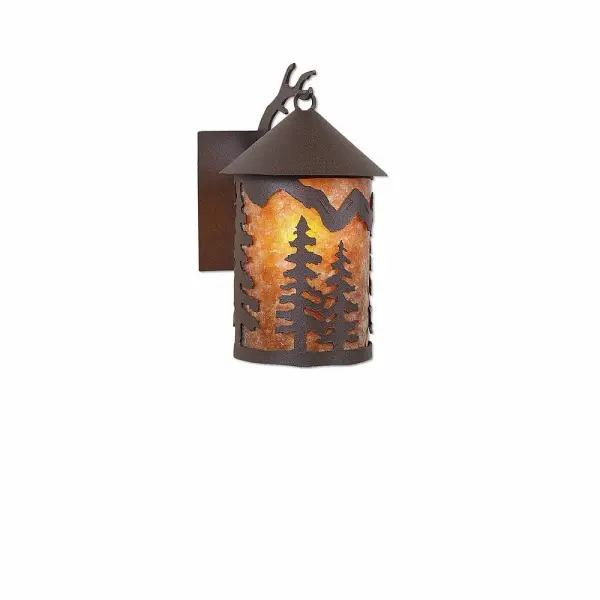 River Cabin style Exterior Wall LIghts handmade in USA by Avalanche Ranch Lighting. This light features our exclusive metal wildlife art of a Trees. This Outdoor Wall Light is ideal for anyone looking to add rustic character or unique log home lighting to their home. Dimensions (inches): 12h x 6w and Takes 1 - Type A19 bulb - 100W max. Collection: Cascade Lantern-Spruce Tree Finish: Rustic Brown Glass: Amber Mica Width: 6.00" Height: 11.00" Extension from Wall: 8.00" Number of Bulbs: 1 Maximum Wattage: 100.00 W Bulb Type: A19 Bulb Base: Medium